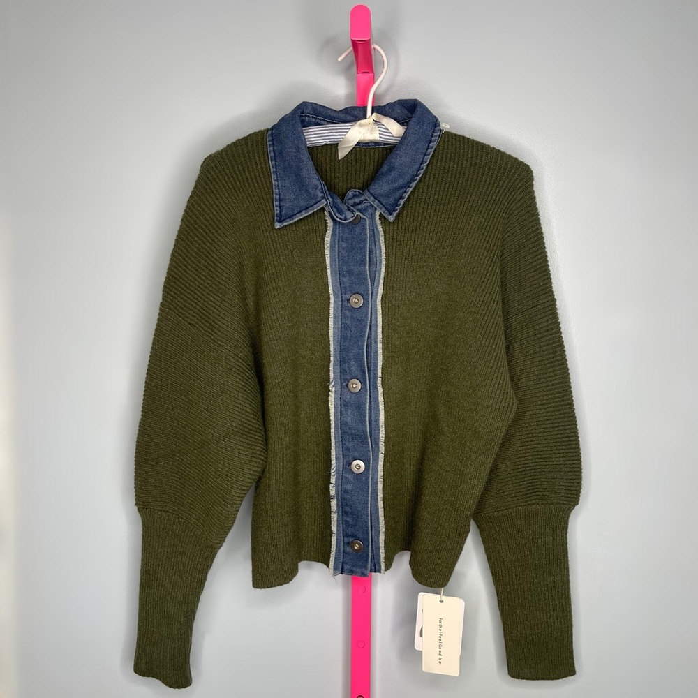 Commense Navy Green Panel Breasted Stretch Lapel Knit Top size medium - Picture 2 of 6
